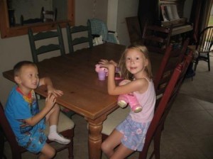 A tea party with Sophia's new tea set and baby doll.